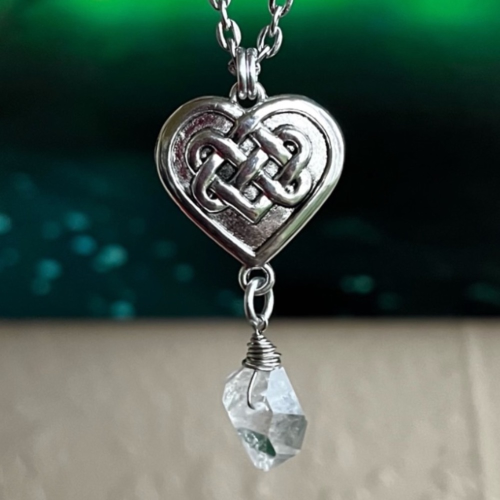 Herkimer diamond celtic heart knot charm stainless steel chain celt viking goth
